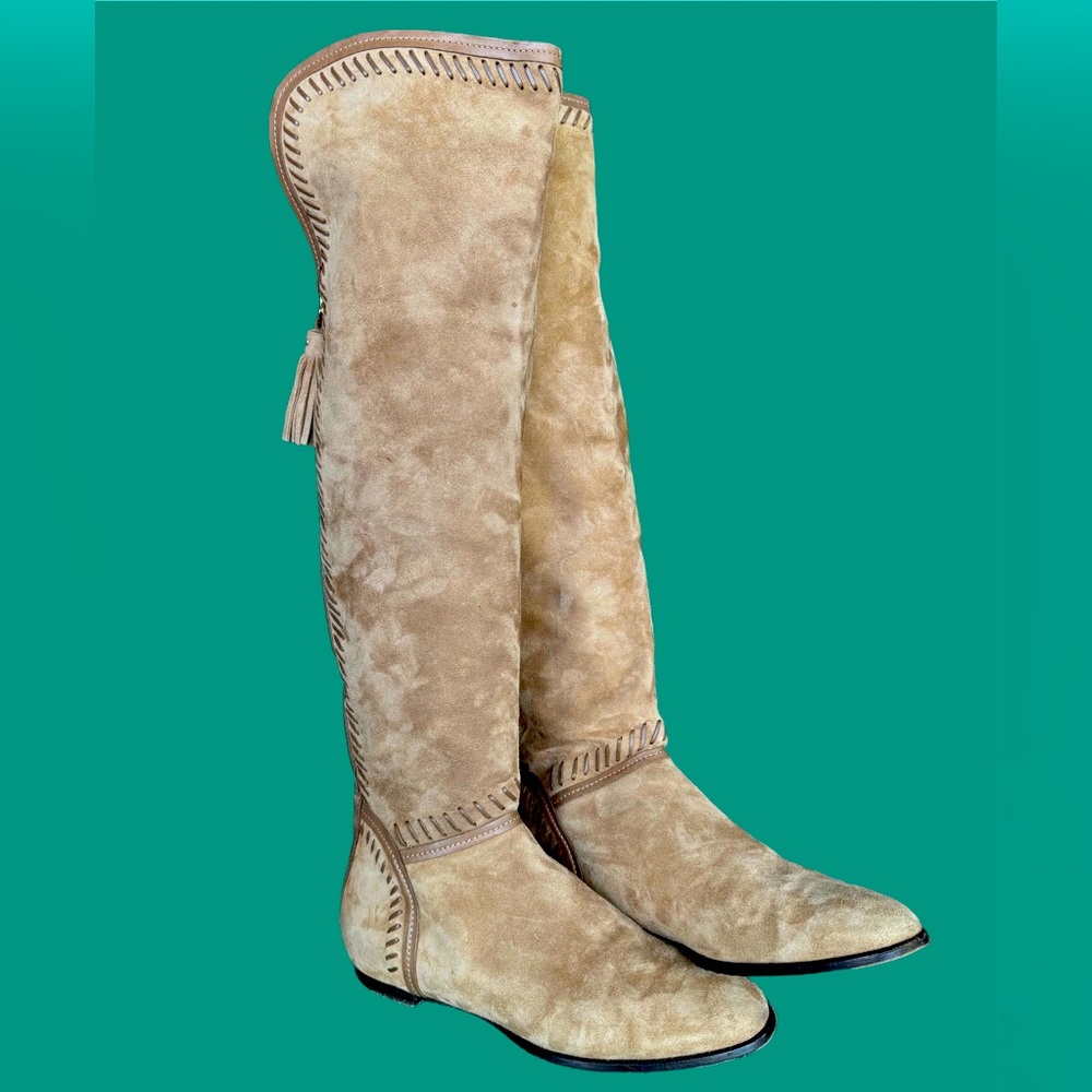 Jimmy Choo Suede Over the Knee Western Style Boots Tan Camel Size 37 EU Tassels